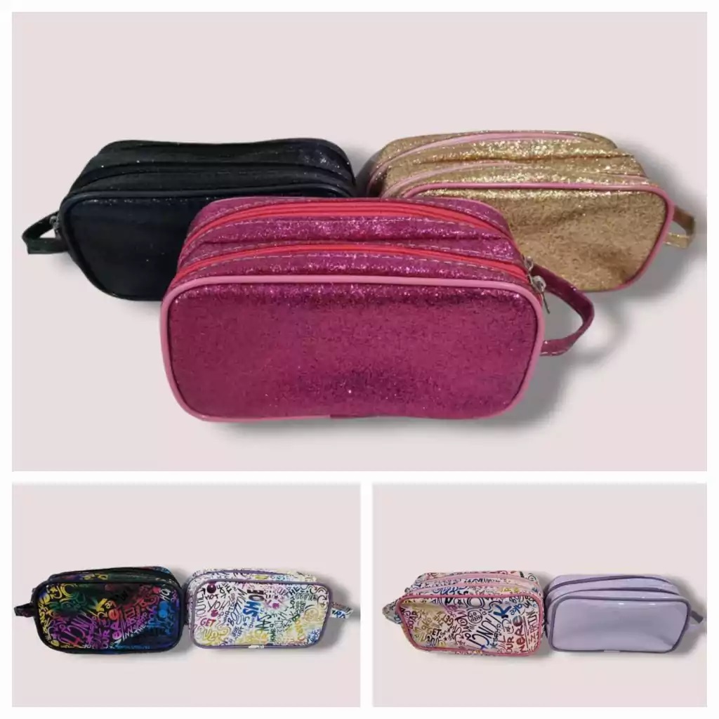 estuches con doble cierres bolsillos porta cosmeticos maquillajes accesorios glitter
