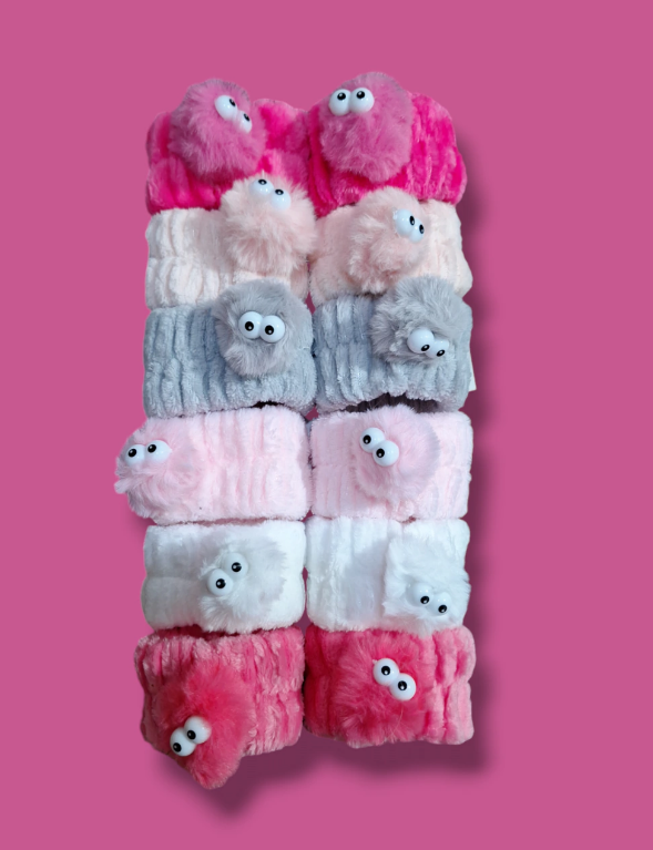 bandas elásticas microfibra muñequeras de peluche felpa toalla con pompón ojitos Eloise ___ PACK X6