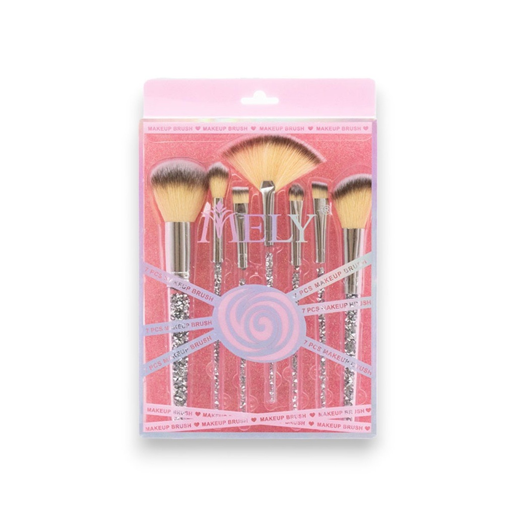 Set de siete brochas de maquillaje mango con glitter MELY ___PACK X3PCS.