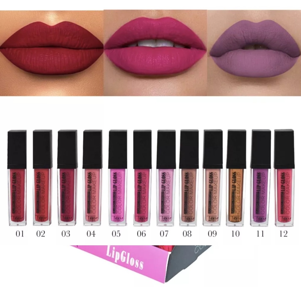 labiales liquidos lip gloss brillantes Tejar 12 colores