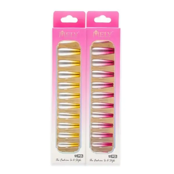 Uñas postizas decoradas metalizadas forma coffin X12U MELY___ PACK X12PCS  