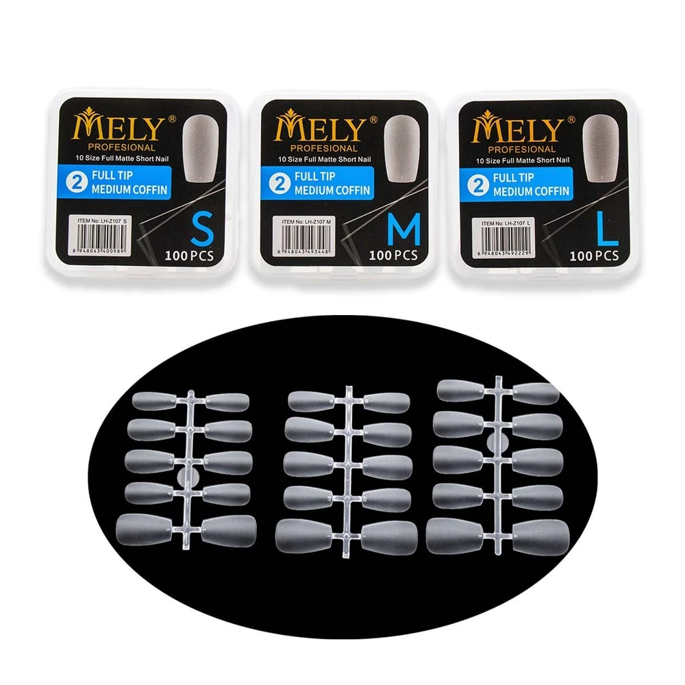 Uñas postizas forma coffin mate medio 100PCS talla S M L MELY___PACK X6UND 