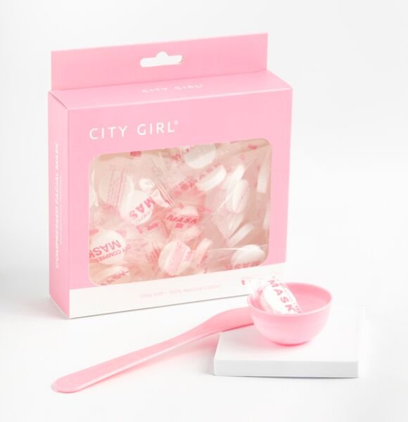 MASCARILLAS COMPRIMIDAS 30U + MINI BOWL Y ESPATULA – CITY GIRL