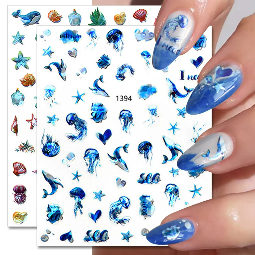 [PL-27891-X6] planchas de stickers mariposa y marino para uñas (Pack X6)