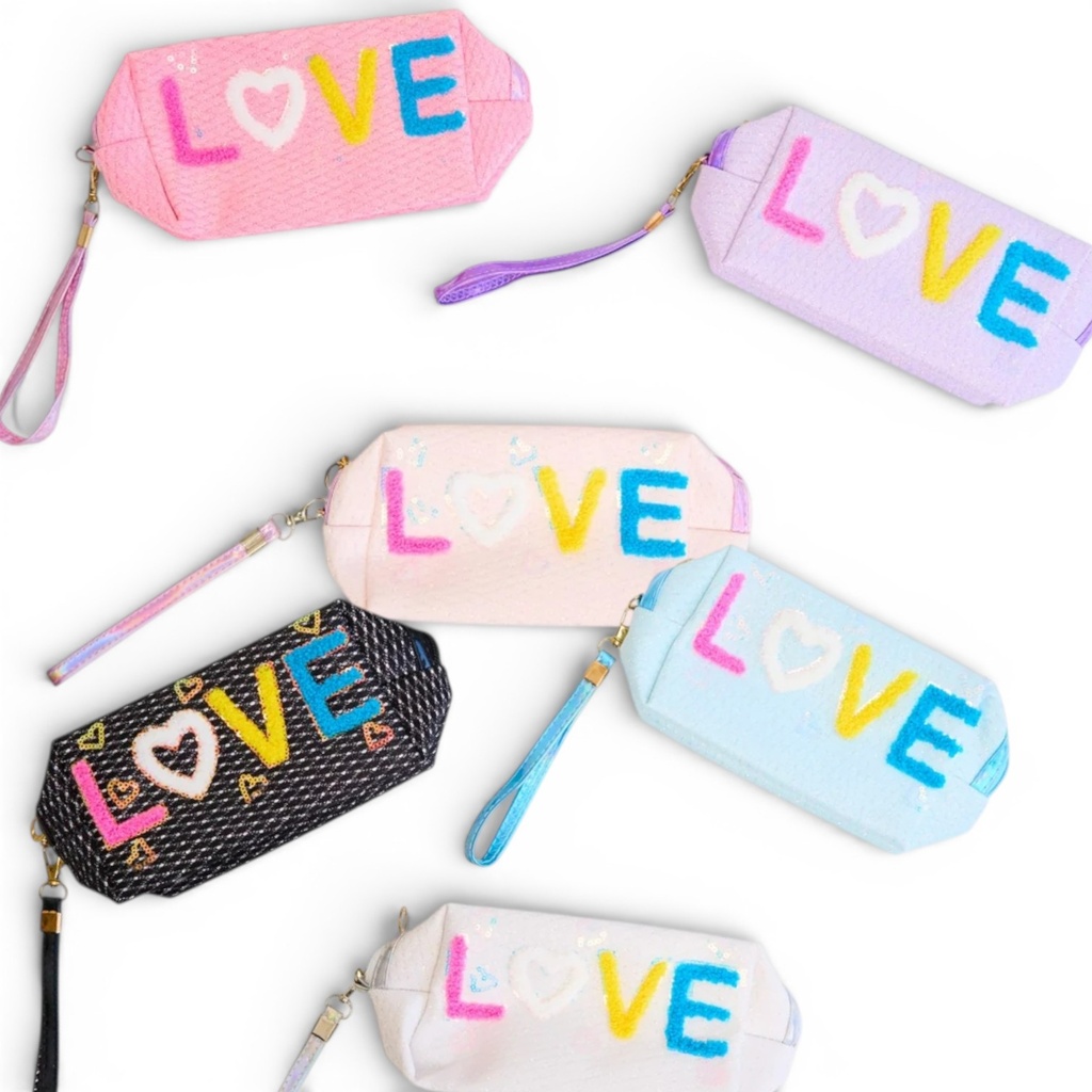 PORTA COSMÉTICOS LOVE CON LETEJUELAS