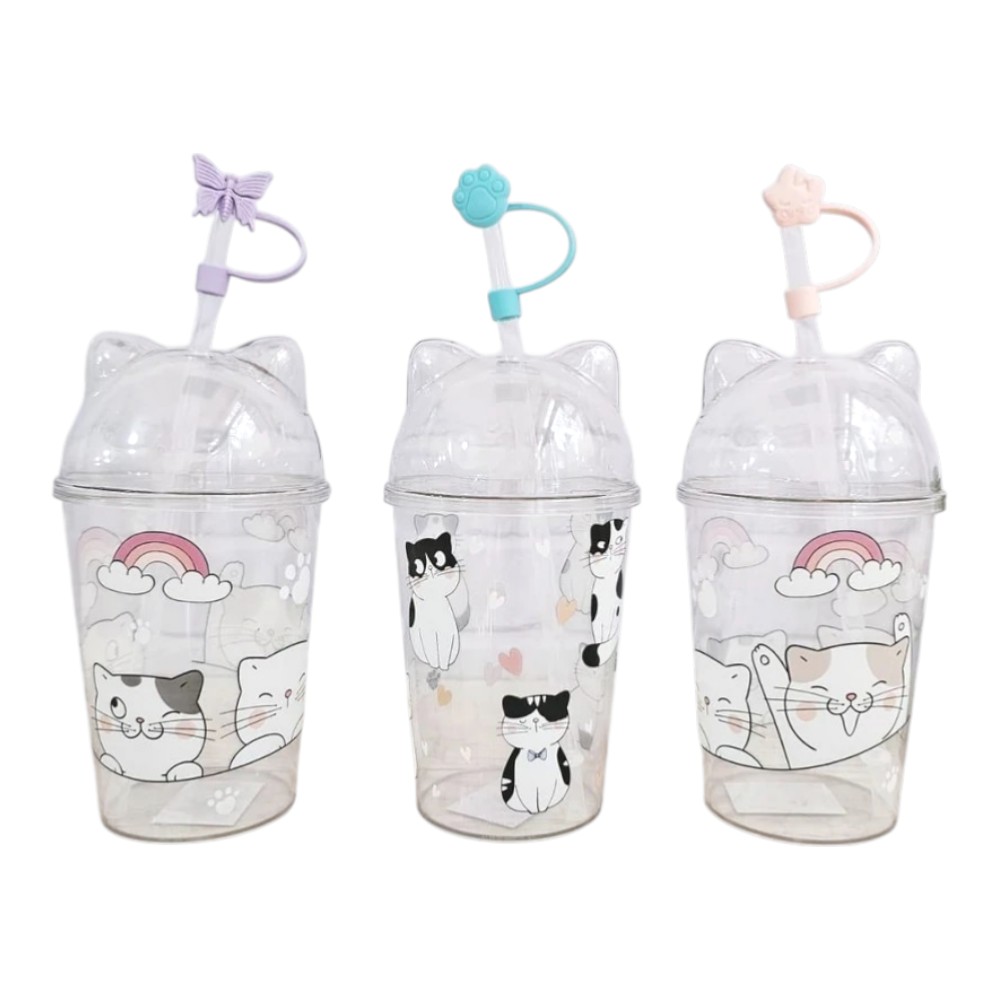 [PM-UT940017] vaso de acrílico gatitos con tapa domo y sorbete