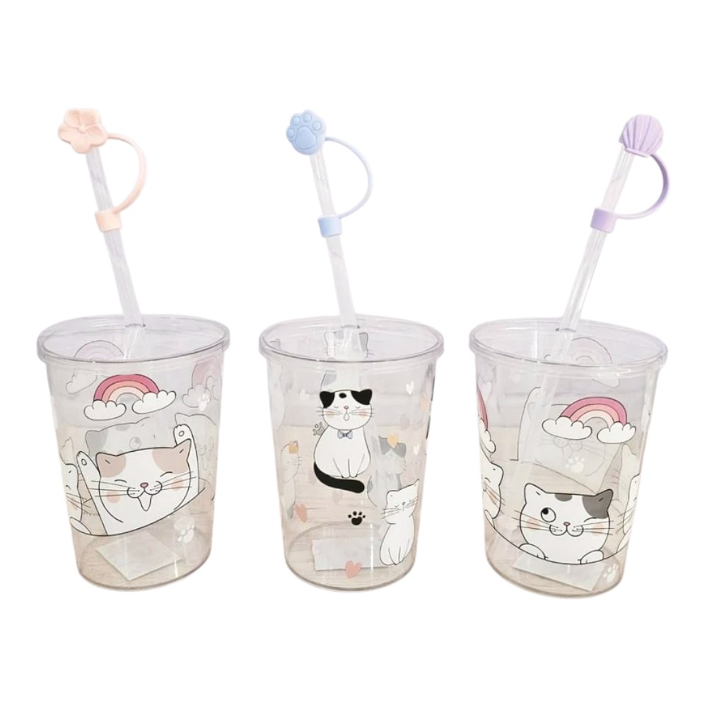 [PM-HN940017] vaso de acrílico gatitos con tapa y sorbete