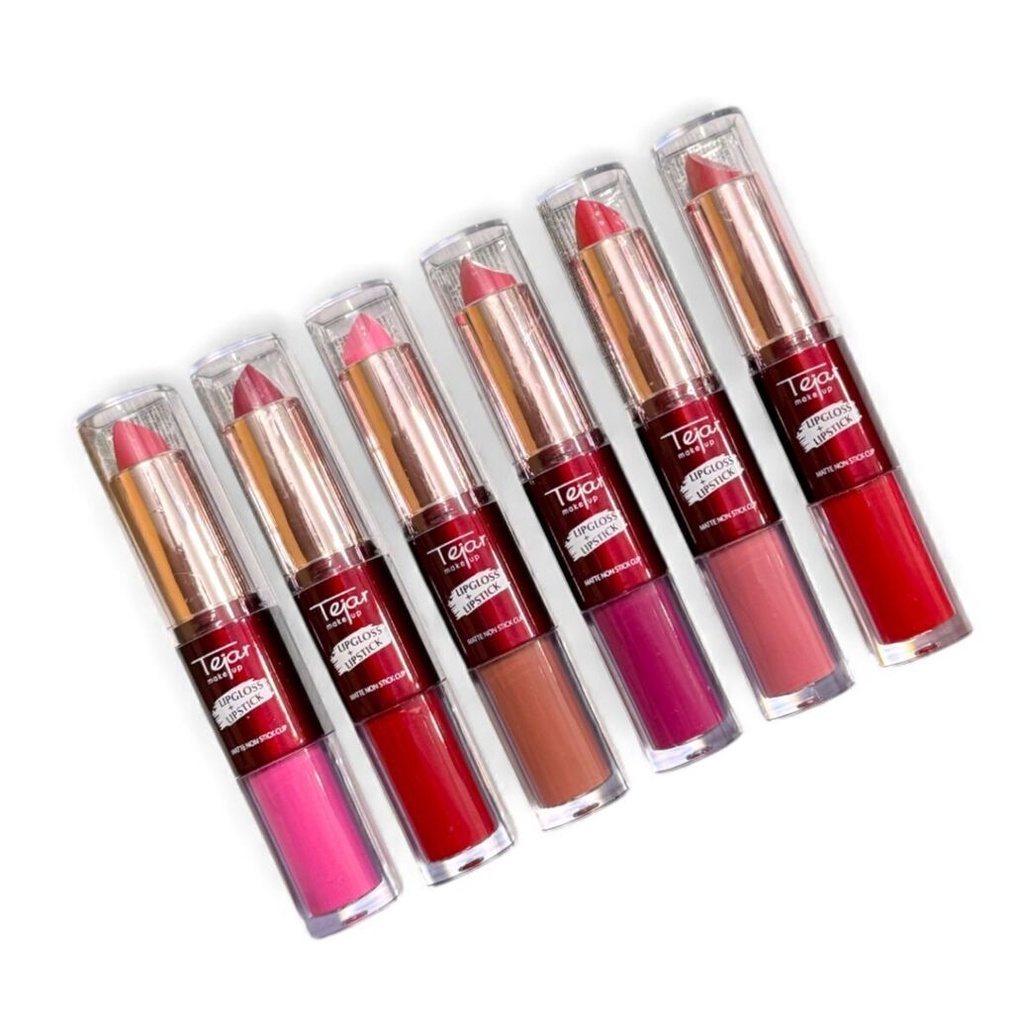 lip gloss de color + labial matte empaque rojo TEJAR