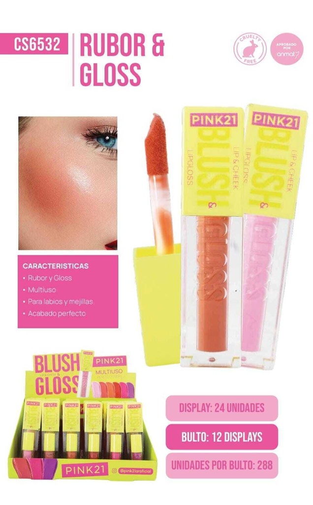[PL-6532-487870-X3] lip gloss + rubor liquido 2 en 1 Pink 21 (Pack X3)