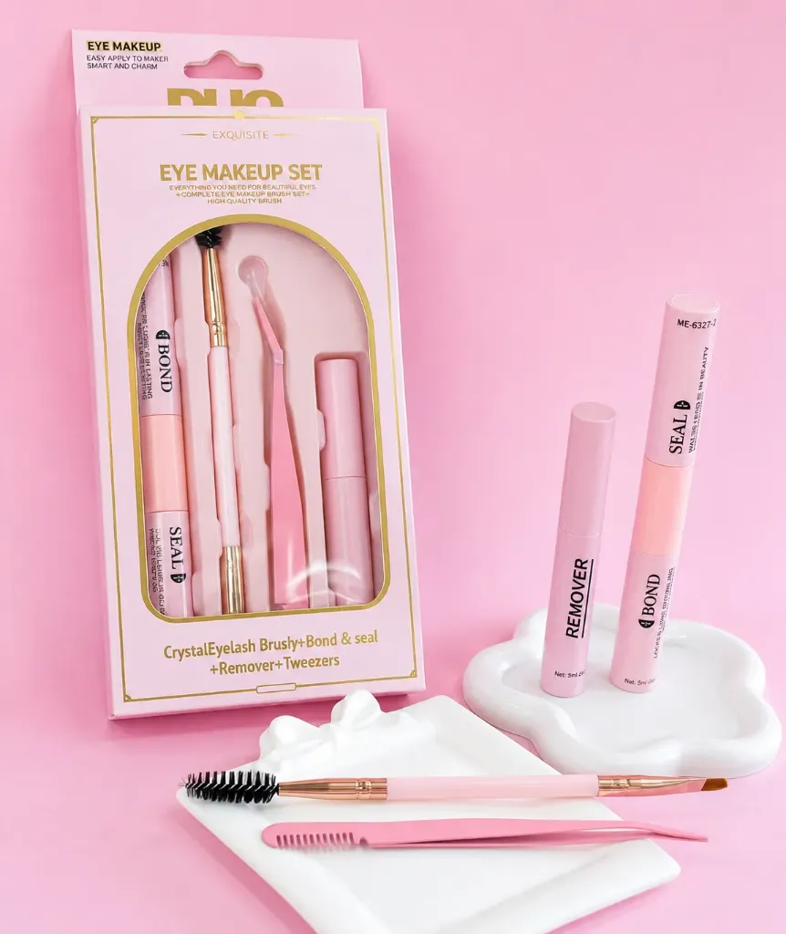 kit adhesivo de ojos DUO Exquisit sellador, removedor, pinzas y un cepillo.
