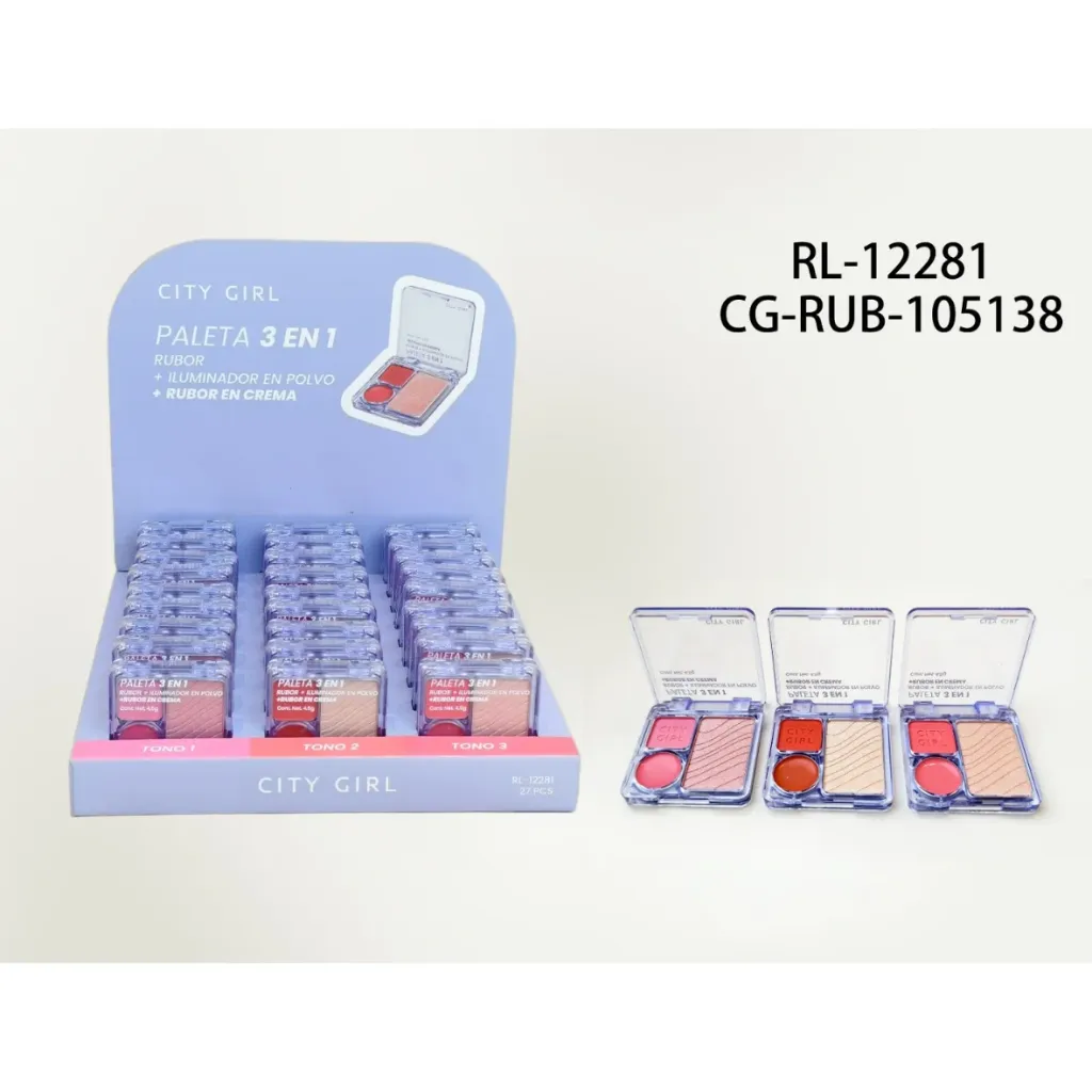 PALETA 3 EN 1 RUBOR EN POLVO – ILUMINADOR – RUBOR EN CREMA CITY GIRL