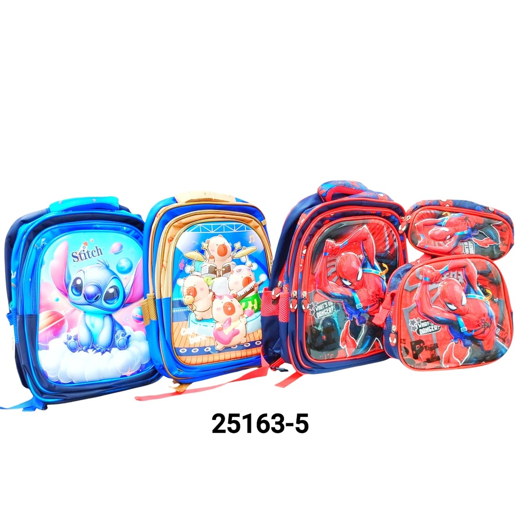 MOCHILA DOBLE CIERRE C/LUCES + LUNCHERA+ CARTUCHERA PERSONAJES X1U.