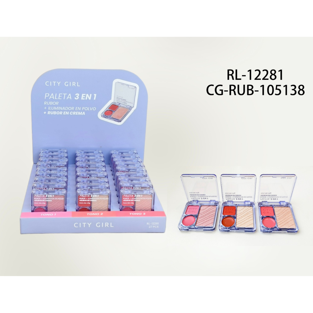 [PG-RL-12281] PALETA 3 EN 1 RUBOR EN POLVO – ILUMINADOR – RUBOR EN CREMA CITY GIRL