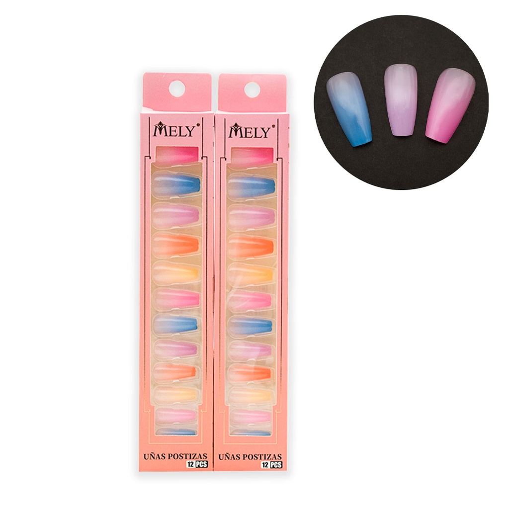[PM-LH-50043] PROMO 2×1 | UÑAS POSTIZAS DECORADAS DEGRADE PASTEL COFFIN X12 MELY
