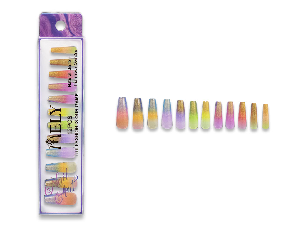 [PM-LH-50048] PROMO 2×1 | UÑAS POSTIZAS DECORADAS ARCOIRIS GLITTER DORADO COFFIN X12 MELY
