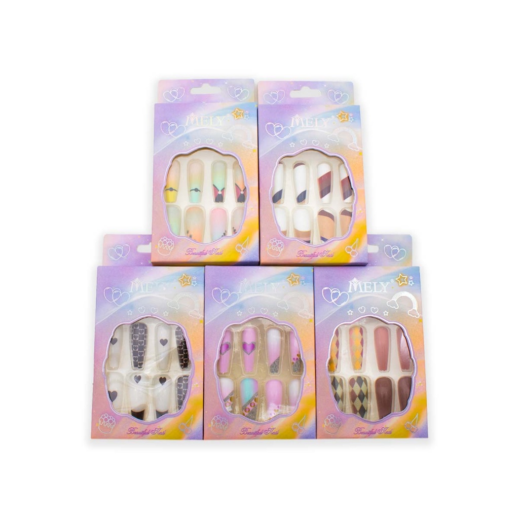 [PM-LH-P783] PROMO 2×1 | UÑAS POSTIZAS DECORADAS CAJA VIOLETA COFFIN X12 MELY
