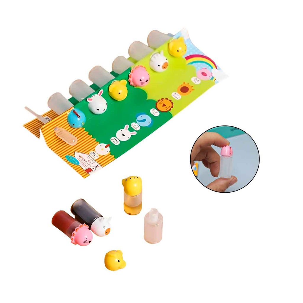 SET DE MINI BOTELLAS CON TAPA DE ANIMALITOS Y GOTERO