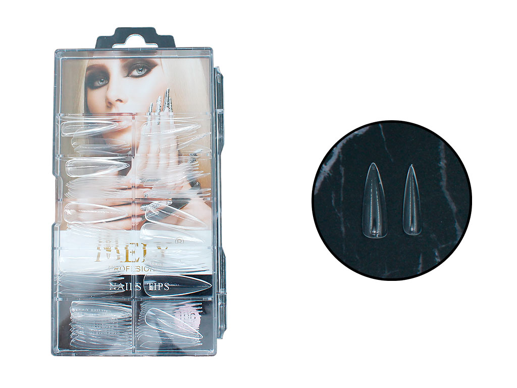 [PM-KDS004] UÑAS POSTIZAS STILETTO TRANSPARENTE CON BRILLO 100 PCS MELY