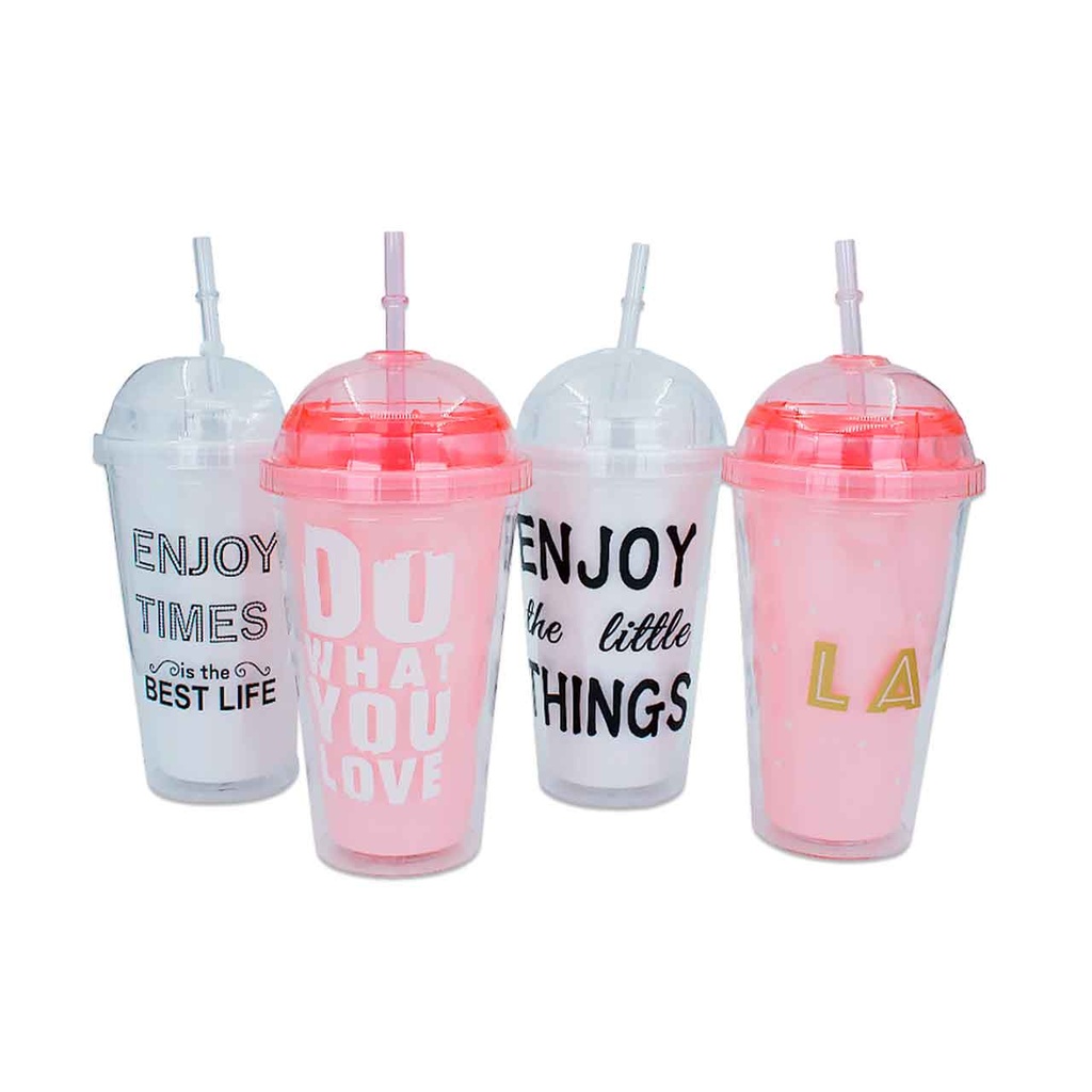 [PM-CB-08-9] VASO CON TAPA ROSA/BLANCO Y SORBETE