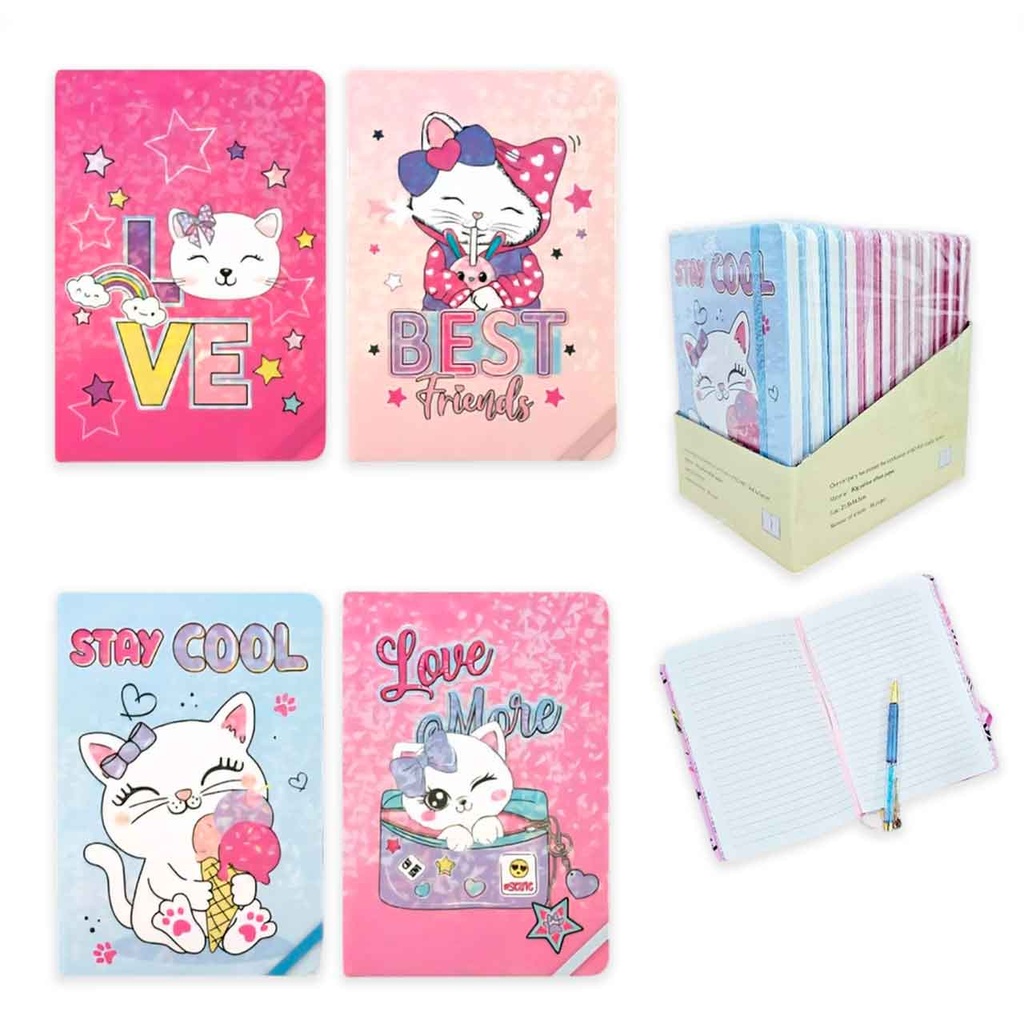 CUADERNO A5 TAPA DURA CON ELÁSTICO GATITOS