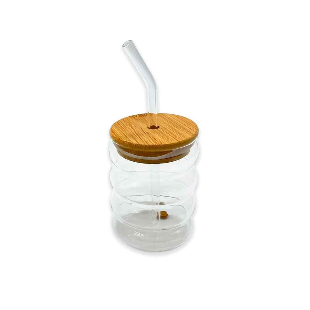 [PM-LC35114-7] VASO DE VIDRIO ONDULADO CON TAPA Y SORBETE
