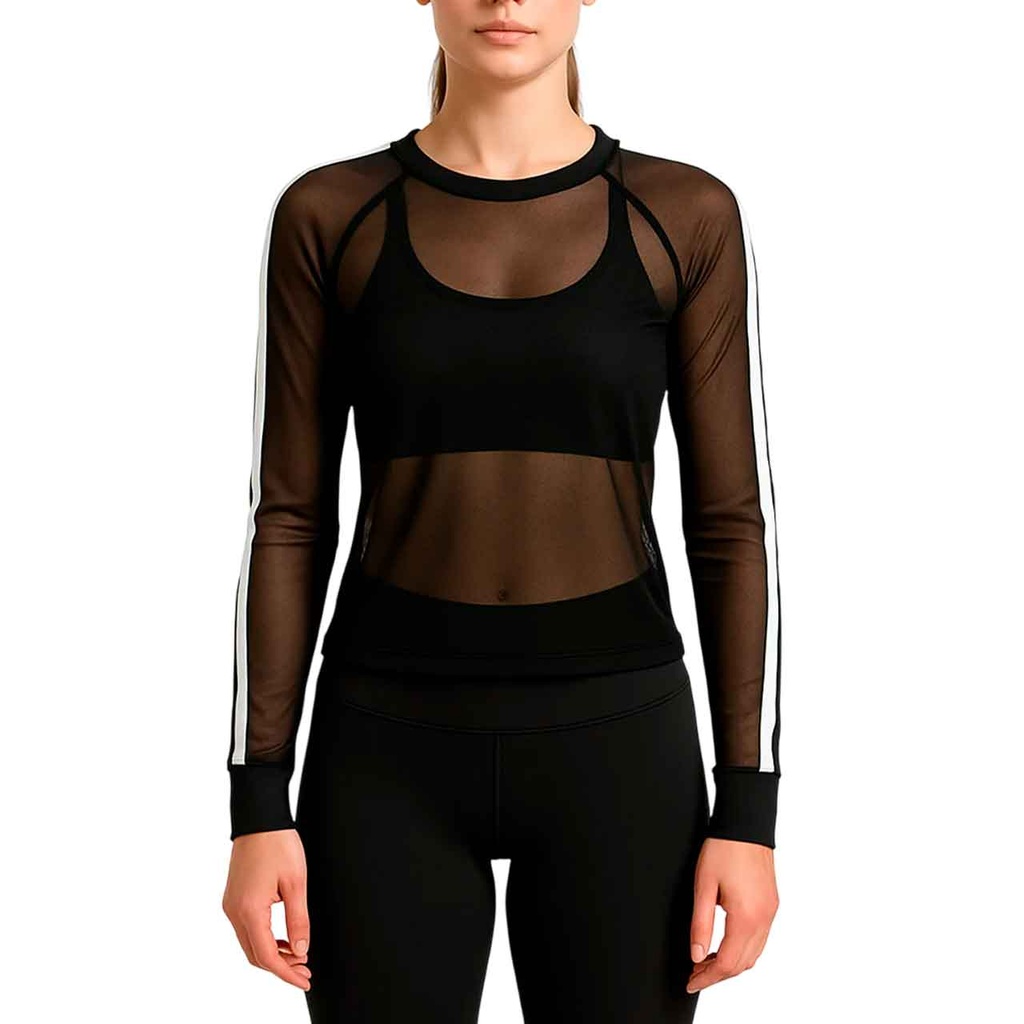 REMERA M/LARGA TRASLÚCIDA NEGRA CON LÍNEAS BLANCAS