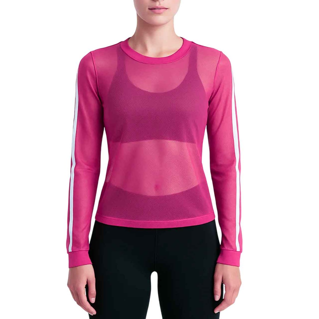REMERA M/LARGA TRASLÚCIDA FUCSIA CON LÍNEAS BLANCAS