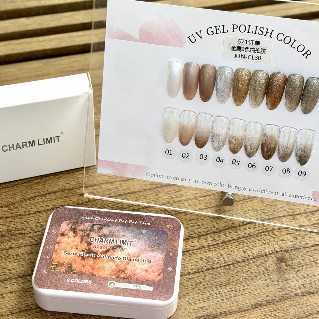 Paleta 9 colores Sofis Secret Pat Pat Gel solido UV serie Satinado Diamantado Charm Limit