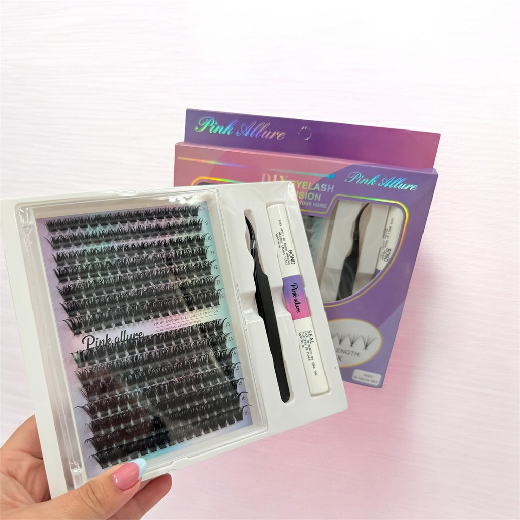 PESTAÑAS EN GRUPO + PEGAMENTO + SELLADOR + PINZA CLUSTERS PINK ALLURE 100PZS *6