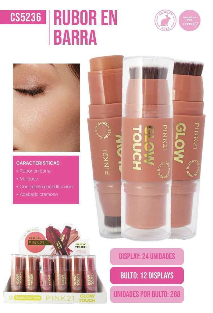 Pink 21 Glow Touch Rubor en barra CON PINCEL PINK21 CS5236
