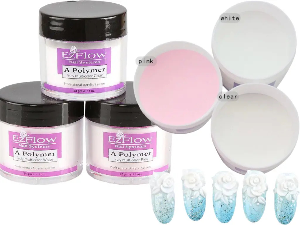 POLIMERO POLVO PARA ACRYLICO EZFLOE 28G COLOR PINK CLEAR WHITE