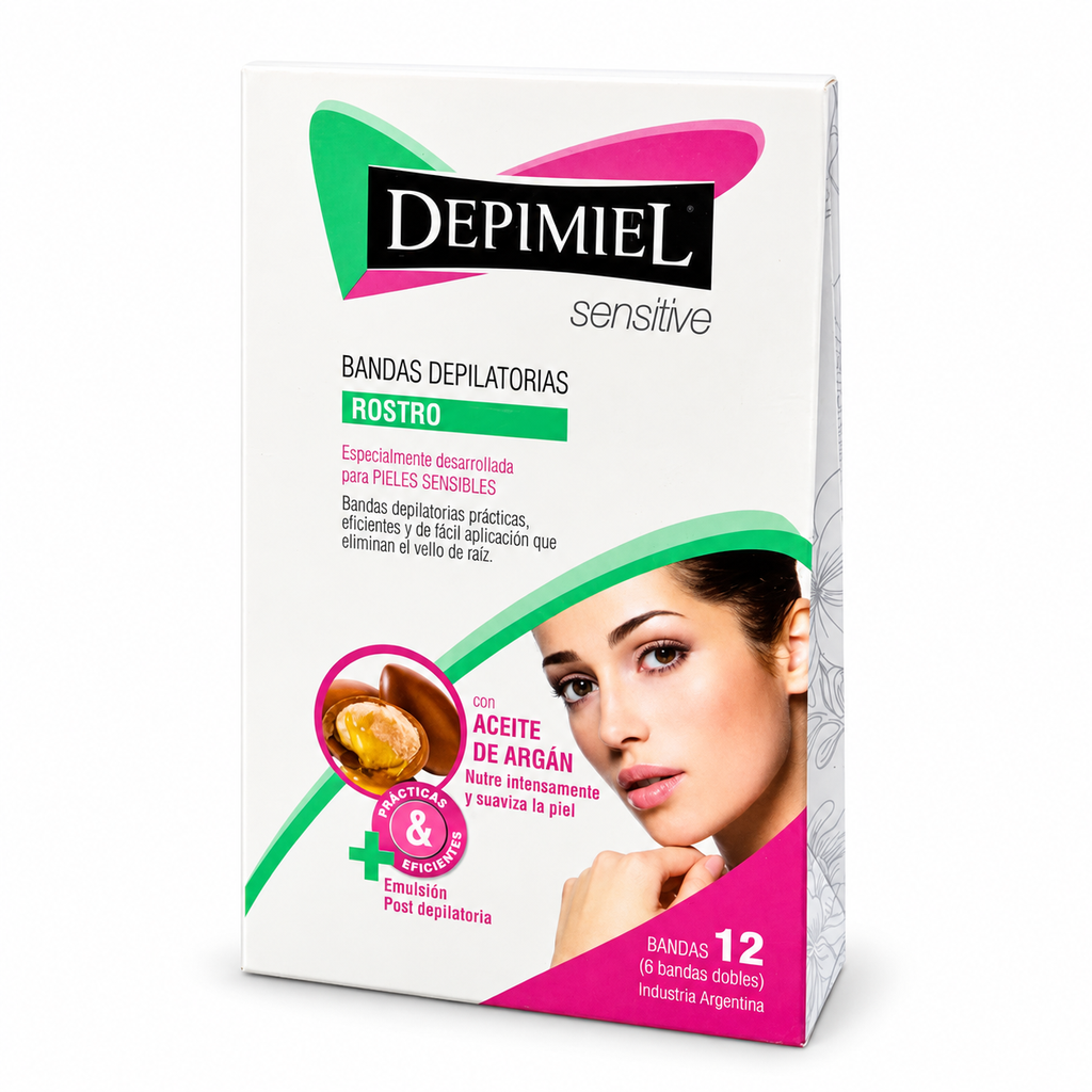[PS-012553] Cajita x12u Bandas Depilatorias Rostro para piel sensible con Aceite de Argan Depimiel