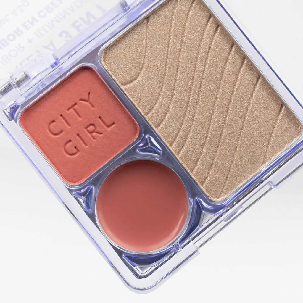 PALETA 3 EN 1 RUBOR EN POLVO – ILUMINADOR – RUBOR EN CREMA CITY GIRL