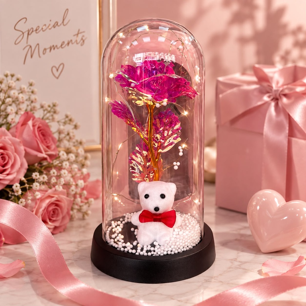 [PY-C-3839] CÚPULA OSITO CON ROSA LED X1U.