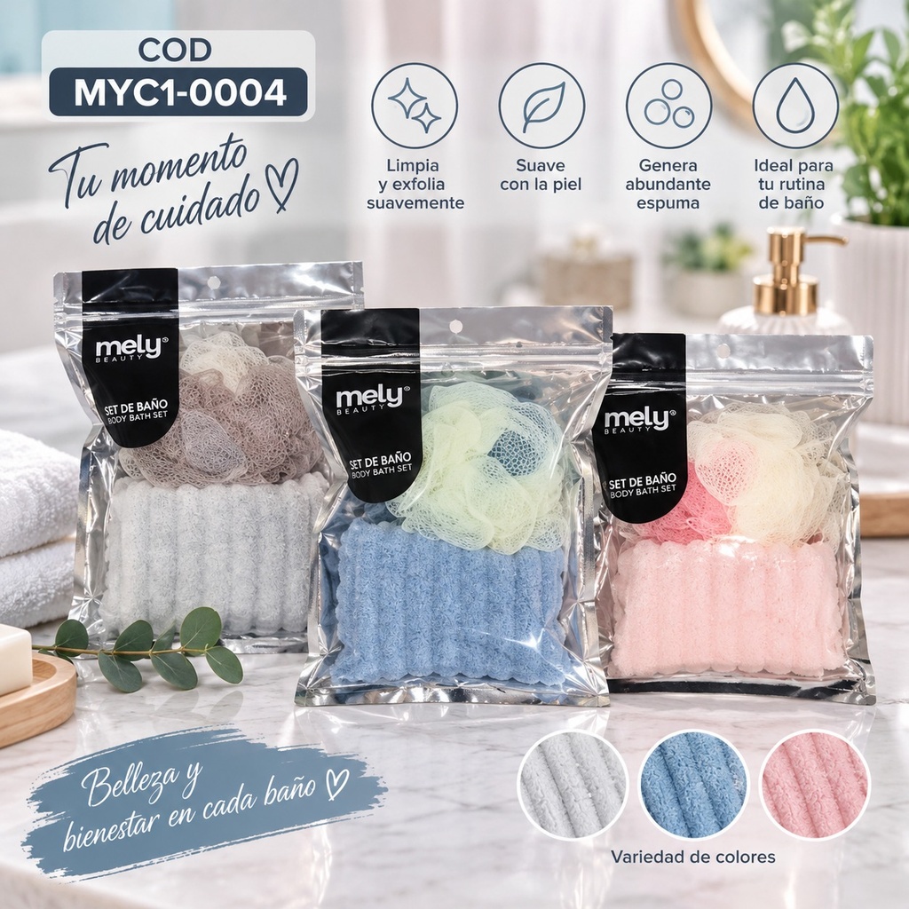 SET DE ESPONJAS DE BAÑO Y TOALLA