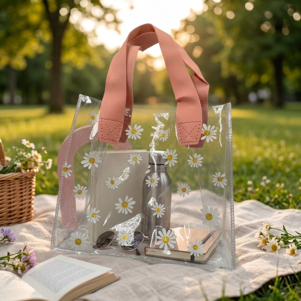 BOLSA TRANSPARENTE MARGARITAS CHICA MANIJA CUERINA X10PCS.